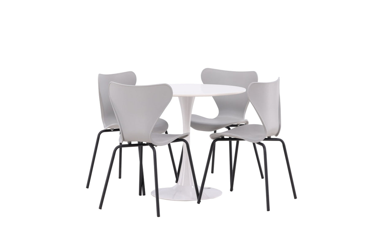 Rundes Esszimmerset mit weisser MDF-Tischplatte auf Stahlbeinen und vier hellgrauen Stühlen aus MDF und Stahl, skandinavisches Design.