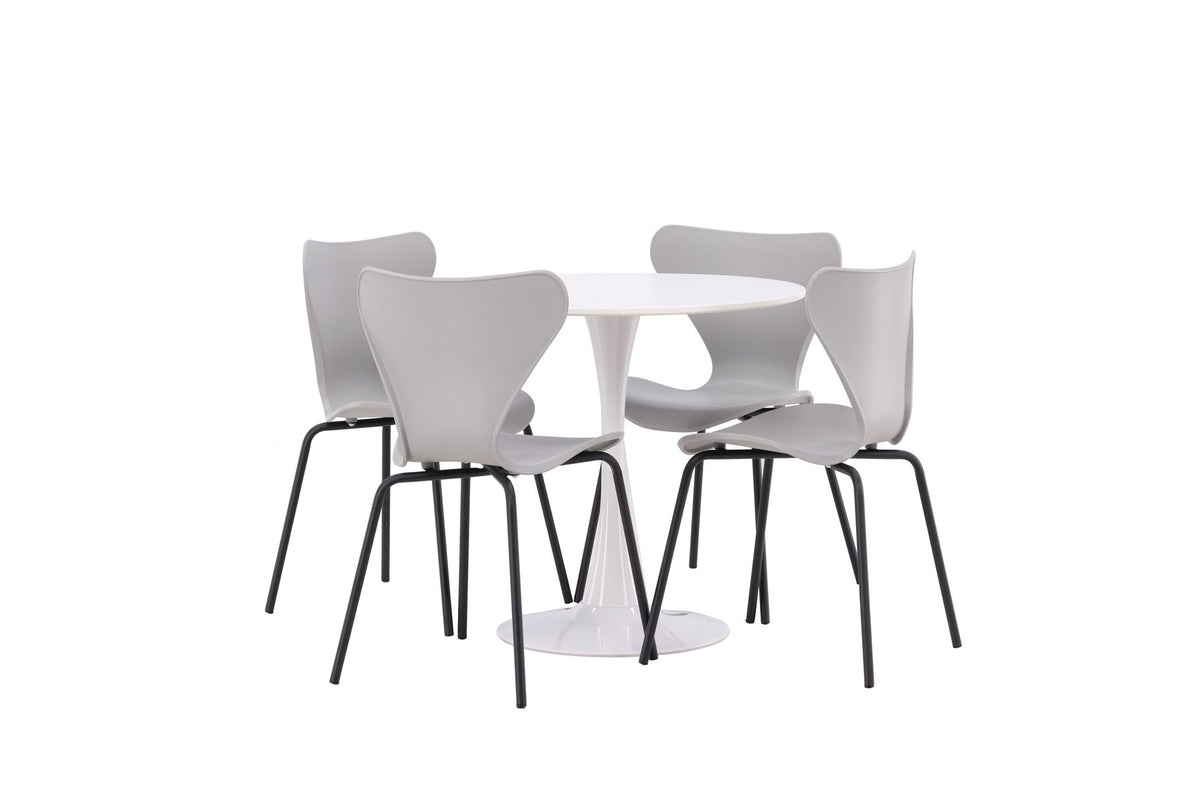 Rundes Esszimmerset mit weisser MDF-Tischplatte auf Stahlbeinen und vier hellgrauen Stühlen aus MDF und Stahl, skandinavisches Design.