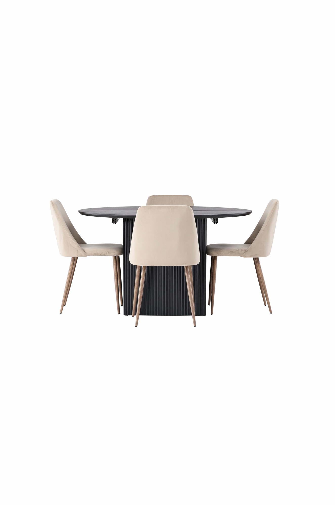Elegantes Matilda Esszimmerset mit rundem, ausziehbarem Tisch (130 cm) und 4 komfortablen Samtstühlen. Ideal für stilvolle Essbereiche.