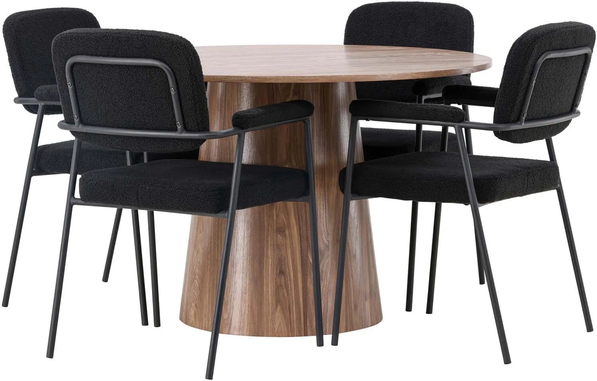 Elegantes Esszimmerset mit modernem Flair: runder Tisch und bequeme Stühle für gesellige Runden.