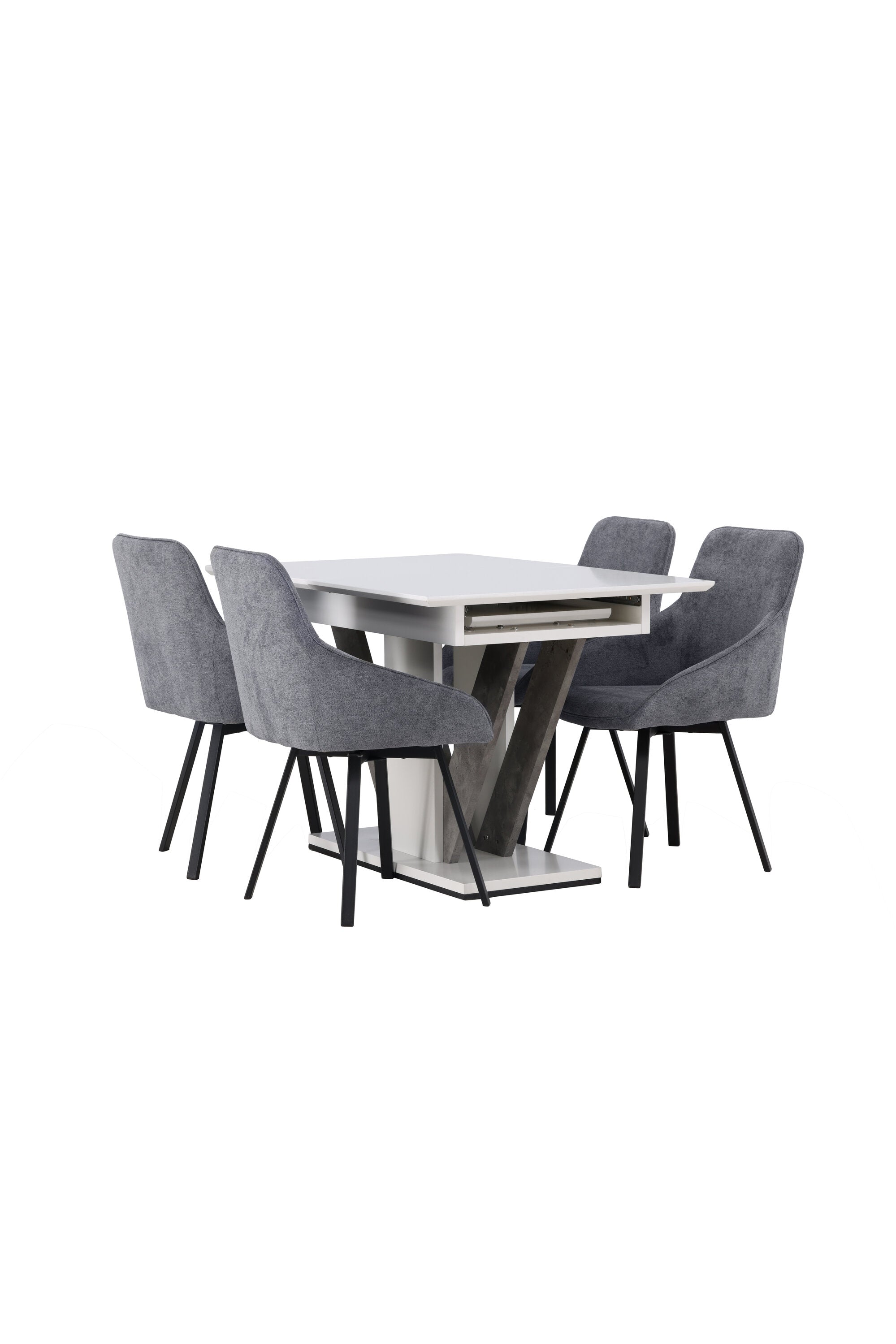 Elegantes Esszimmer Set: Weisser Tisch Disa, graue Stühle Rosie, skandinavisches Design, modern und funktional.