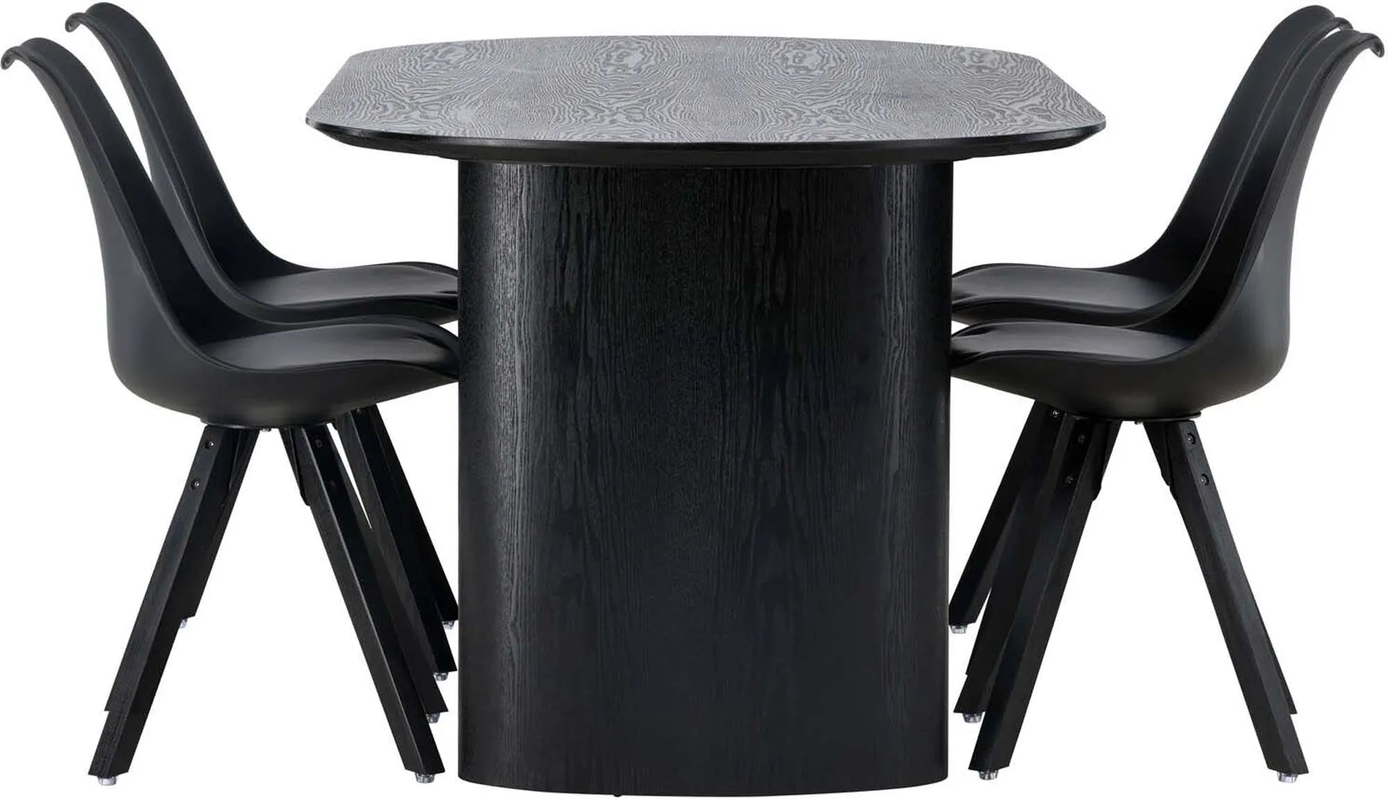 Elegantes Esszimmerset: Schwarzer ovaler Tisch, 4 komfortable Stühle, modernes Design, ideal für gesellige Runden.