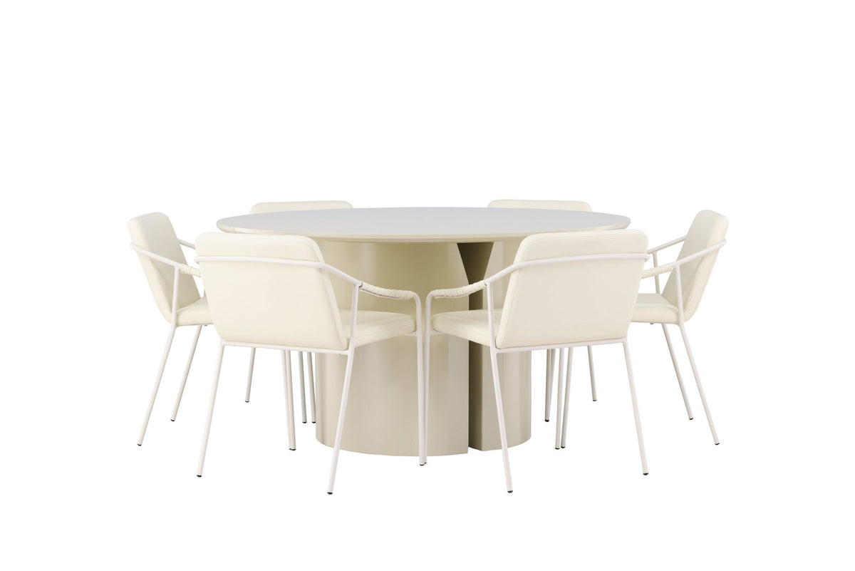 Esszimmerset Tvist & Sandvik: zwei Stühle mit beigem PU-Bezug und Eisenbeinen sowie runder MDF-Esstisch in Beige mit Ø140cm.