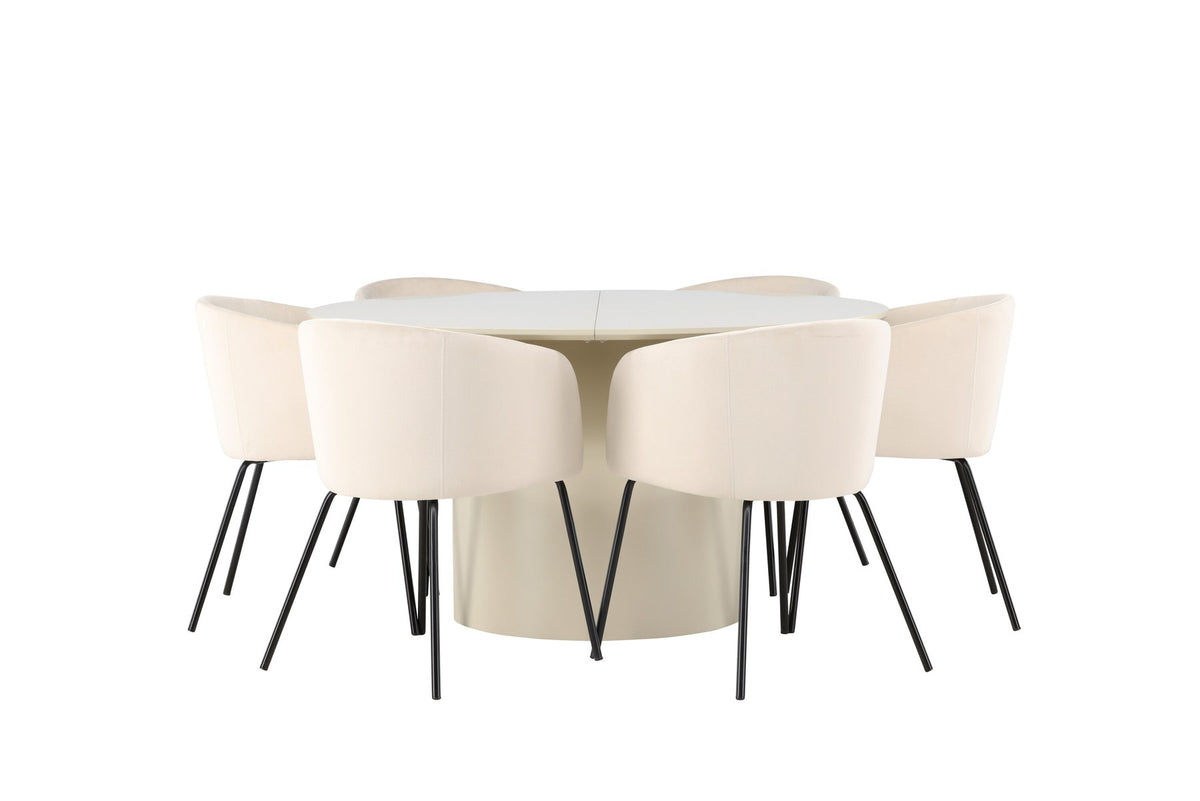 Rundes Esszimmerset in Beige: MDF-Esstisch mit 140 cm Durchmesser und gepolsterte Stühle mit Samt-Leinen-Bezug und schwarzen Metallbeinen.