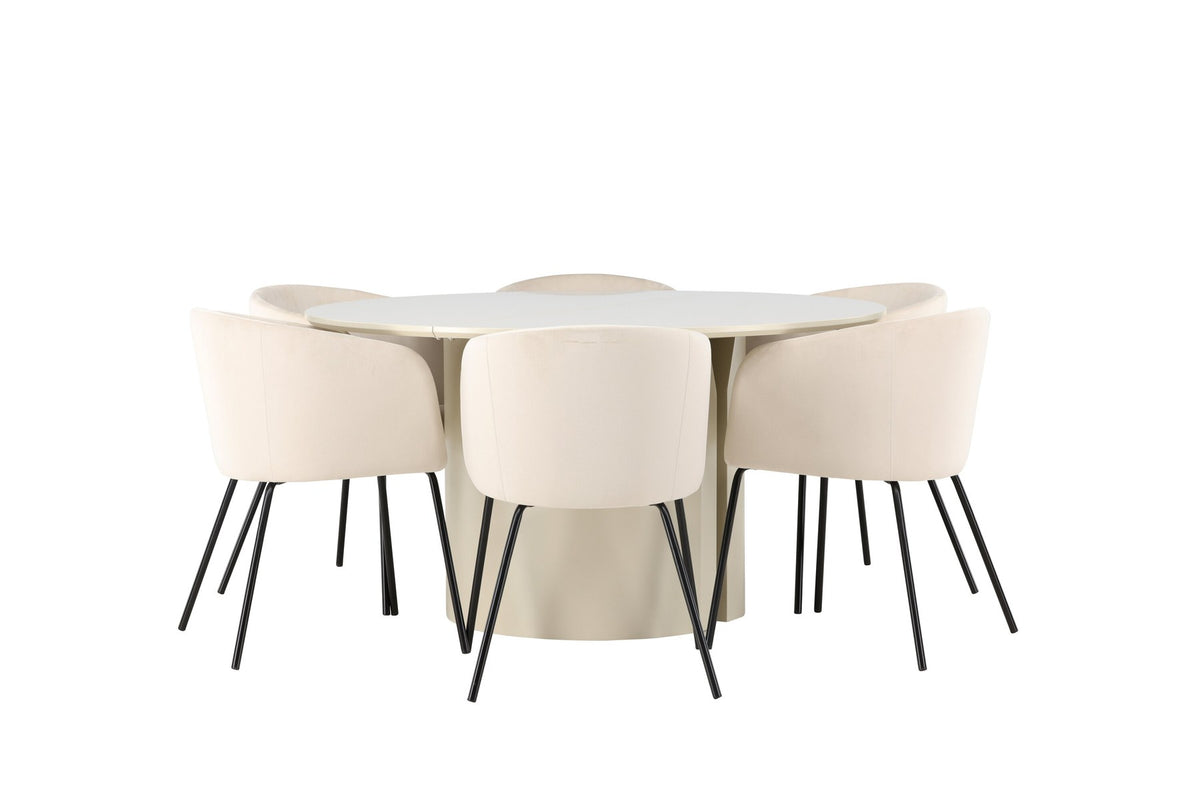Rundes Esszimmerset in Beige: MDF-Esstisch mit 140 cm Durchmesser und gepolsterte Stühle mit Samt-Leinen-Bezug und schwarzen Metallbeinen.