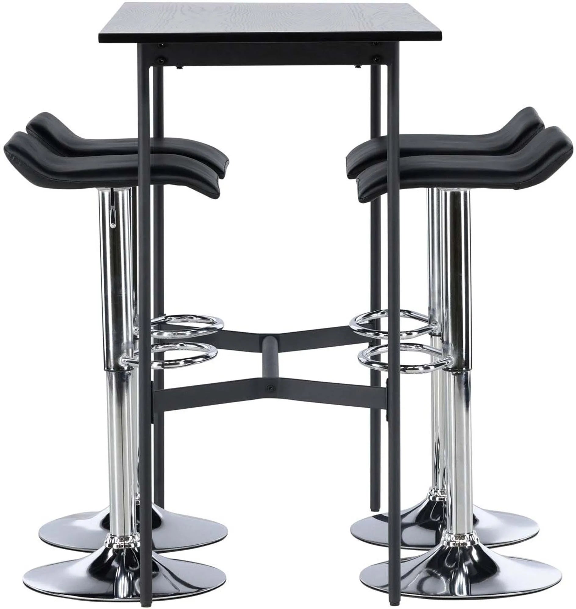 Elegantes Barset Rax + Jonna: Schwarzer MDF-Tisch, verchromte Hocker, ideal für moderne Räume. Stilvoll und funktional.