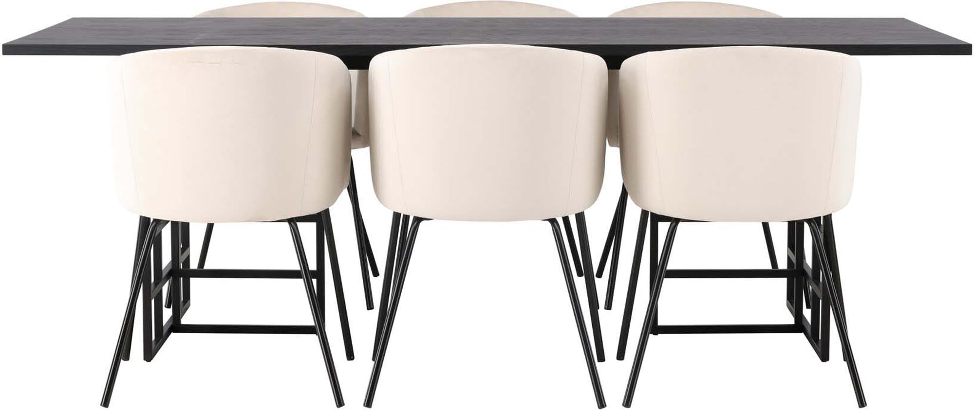 Entdecken Sie das Ystad Esszimmerset + Berit 220cm/6St. von Venture Home – modernes Industriedesign, luxuriöser Samt und hoher Sitzkomfort für Ihr Esszimmer.