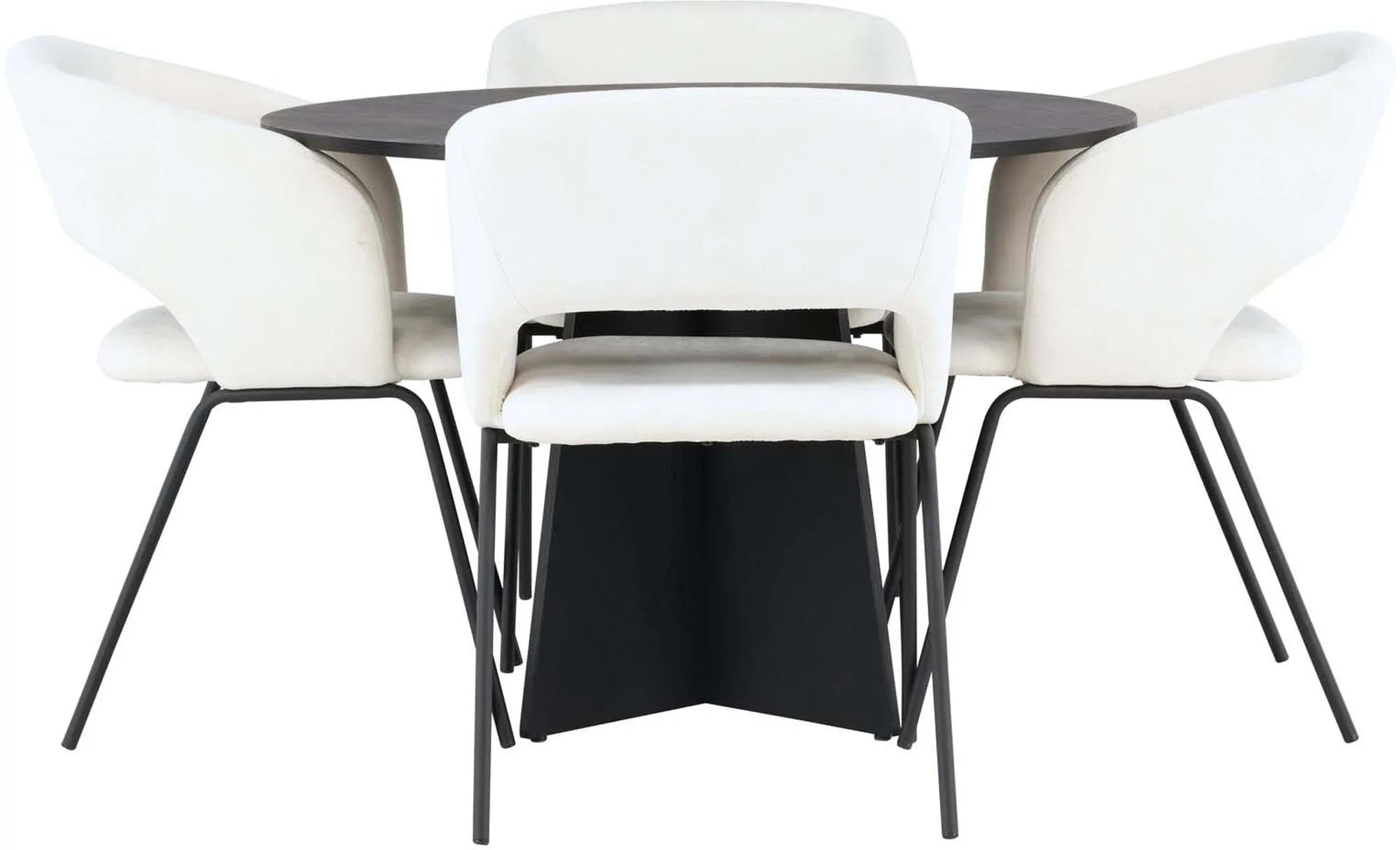 Elegantes Esszimmerset mit rundem Tisch (⌀110cm) in schwarzem MDF-Furnier und 4 modernen, gepolsterten Day-Stühlen in weißem Leinen.