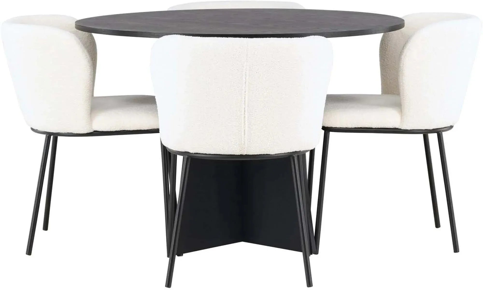 Elegantes Esszimmerset: Bootcut-Tisch (⌀110cm) & 4 Edina-Stühle, stilvoll & komfortabel, ideal für moderne Wohnräume.