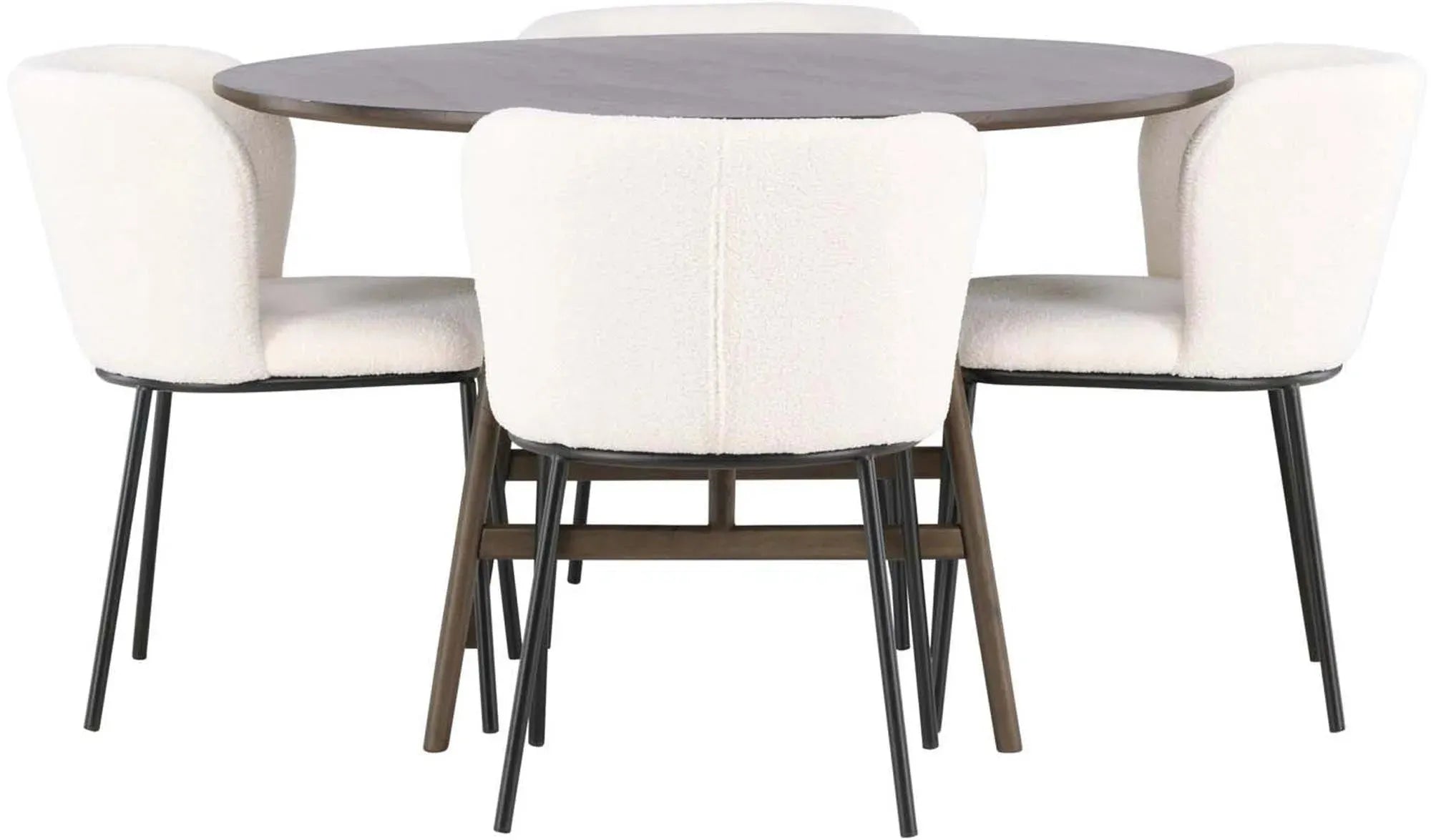Elegantes Esszimmerset: Runder Tisch (⌀100cm) aus MDF & Gummibaumholz, 4 Edina-Stühle mit Bouclé-Stoff, ideal für stilvolle Treffen.