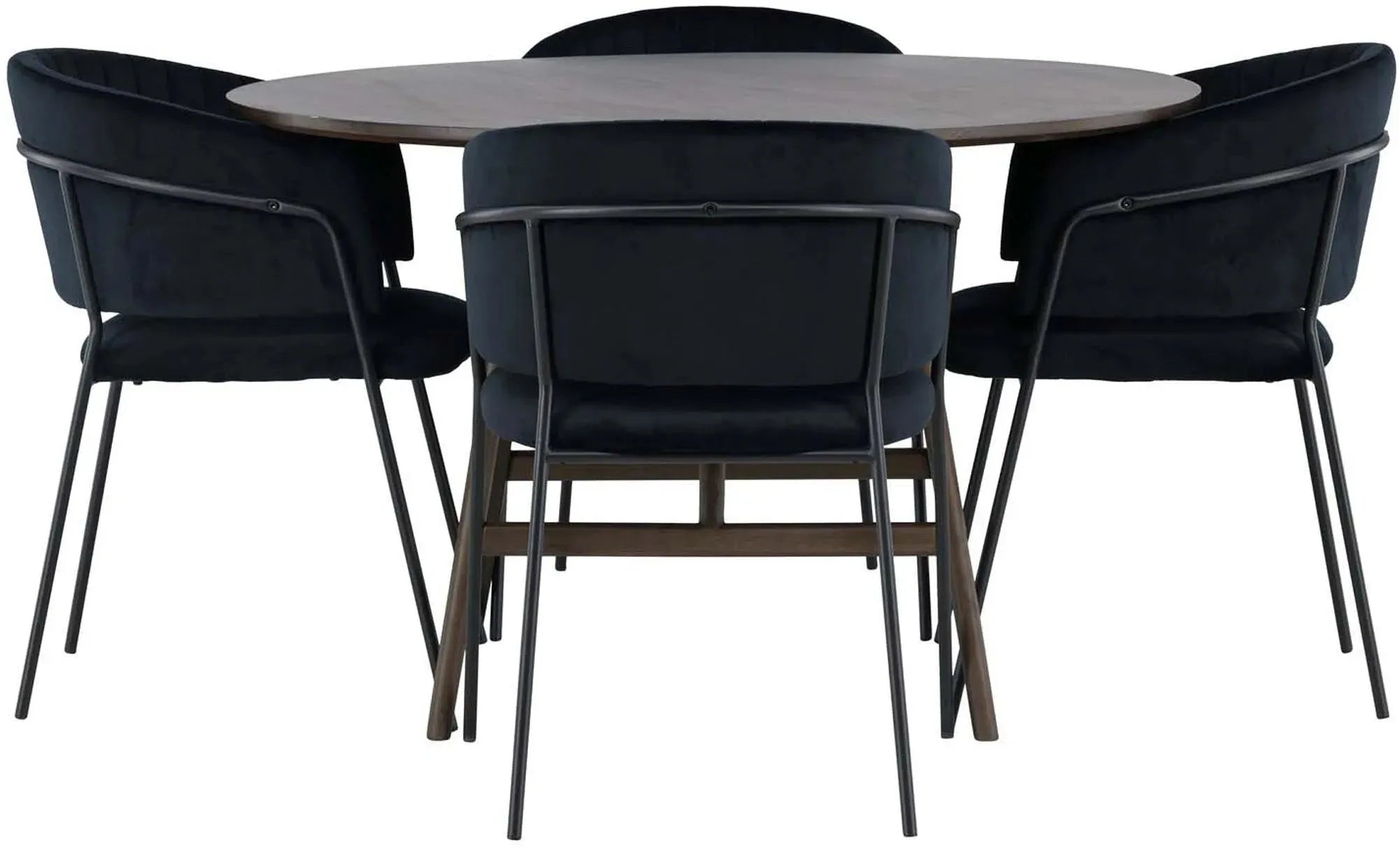 Elegantes Esszimmerset: Walnussfarbener Tisch & 4 Samtstühle. Stilvoll, komfortabel, ideal für gesellige Abende.