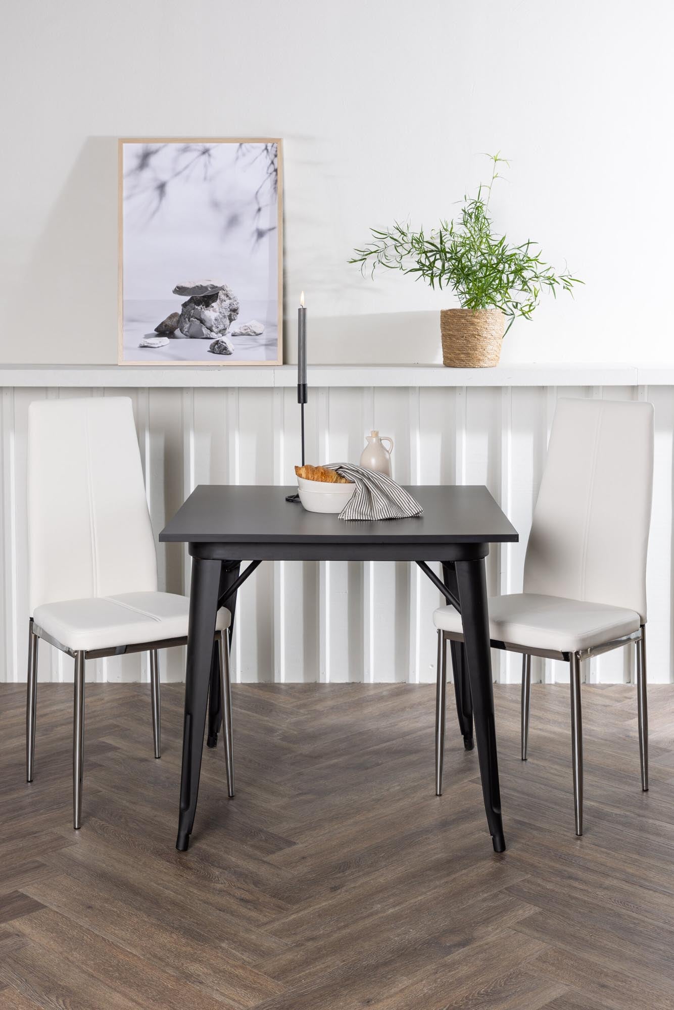 Stilvolles Tempe Esszimmerset: 80x80 cm Tisch aus schwarzem MDF, Pastill-Stühle in weissem Kunstleder, ideal für moderne Essbereiche.