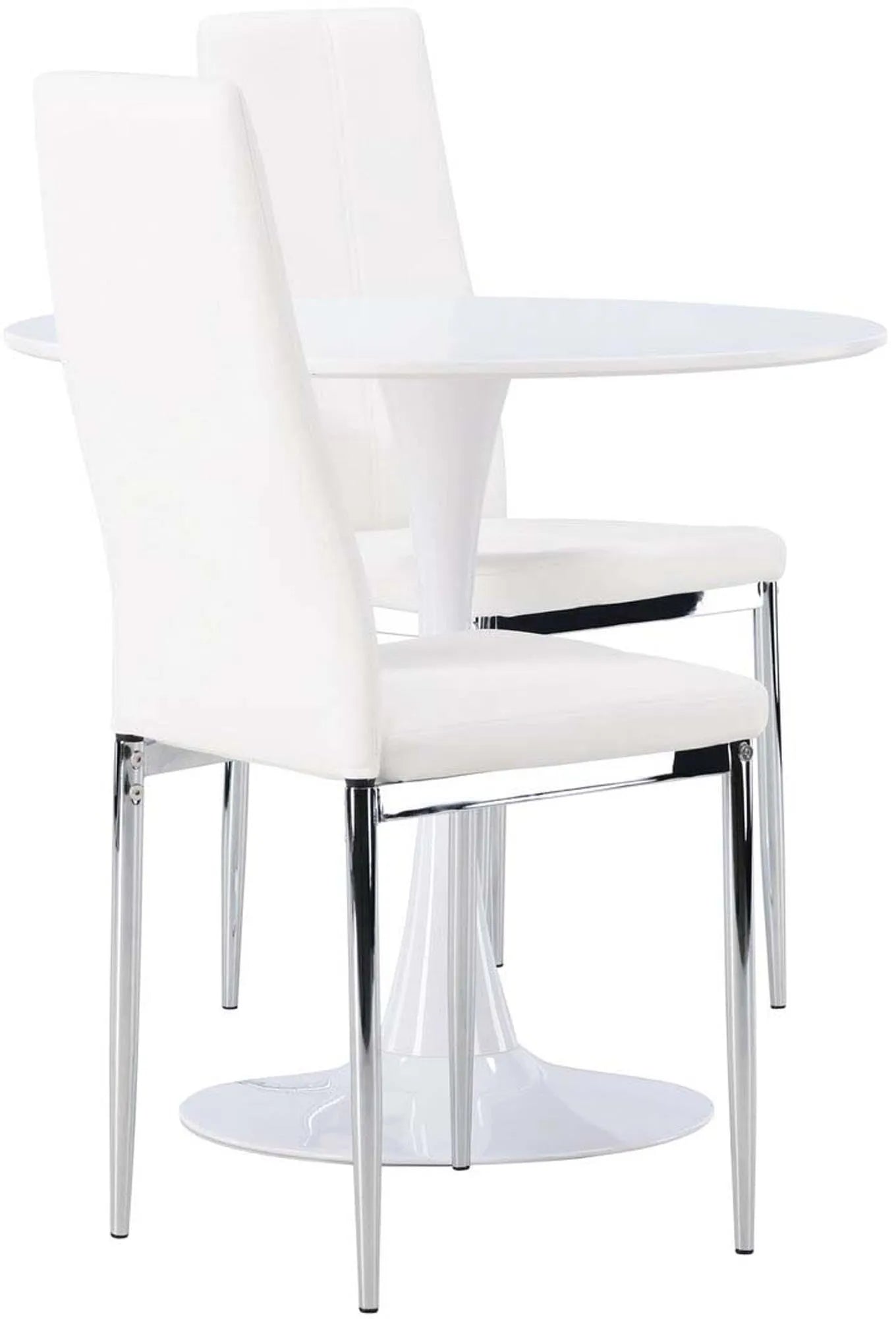 Elegantes Esszimmerset: Runder Tisch mit MDF-Platte, Trompetenfuß aus Stahl, gepolsterte Kunstlederstühle, ideal für kleine Räume.