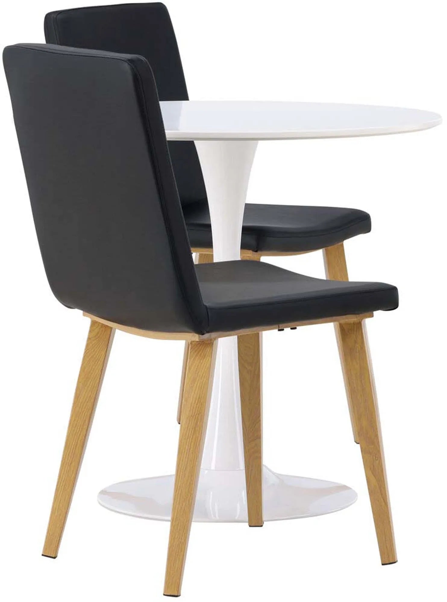 Modernes Esszimmerset: Runder Tisch (80cm) mit weißem MDF, Trompetenfuß, 2 Stühle mit schwarzem Kunstleder, nordisches Design.