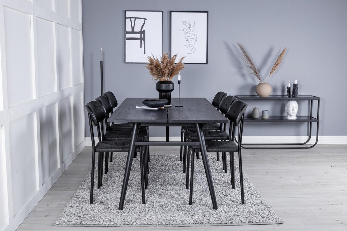 Esszimmer Set Sleek mit Stuhl Polly, Tisch aus MDF und Furnier mit Stahlgestell, sechs Stühle, Farbe Schwarz und hell gebürstet
