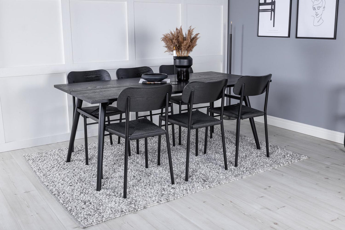 Esszimmer Set Sleek mit Stuhl Polly, Tisch aus MDF und Furnier mit Stahlgestell, sechs Stühle, Farbe Schwarz und hell gebürstet