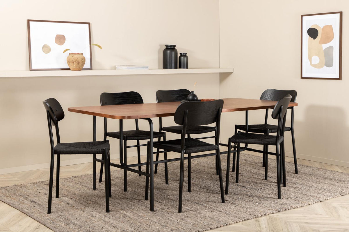 Esszimmer Set Uno mit Stuhl Polly: rechteckiger Tisch mit Walnuss-Furnierplatte und schwarzem Metallgestell, sechs Stühle mit schwarzem Seilsitz.