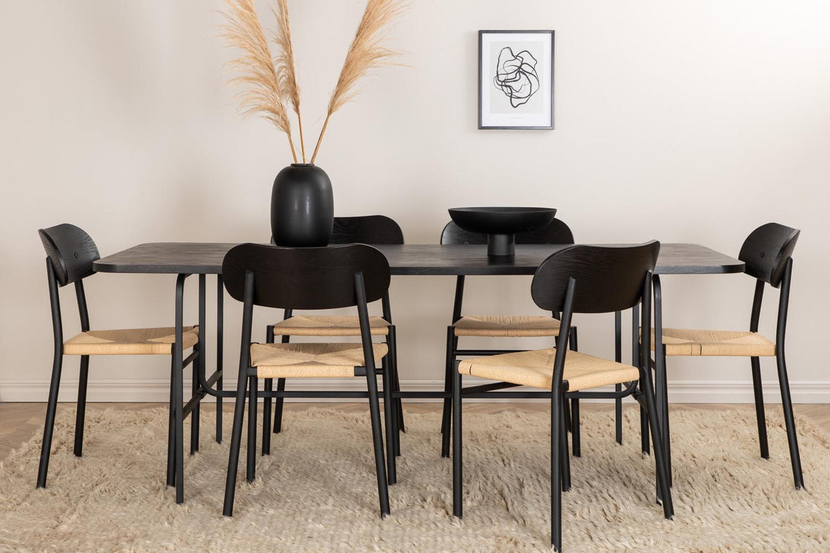 Esszimmer Set Uno mit Stuhl Polly: rechteckiger Tisch mit Walnuss-Furnierplatte und schwarzem Metallgestell, sechs Stühle mit schwarzem Seilsitz.