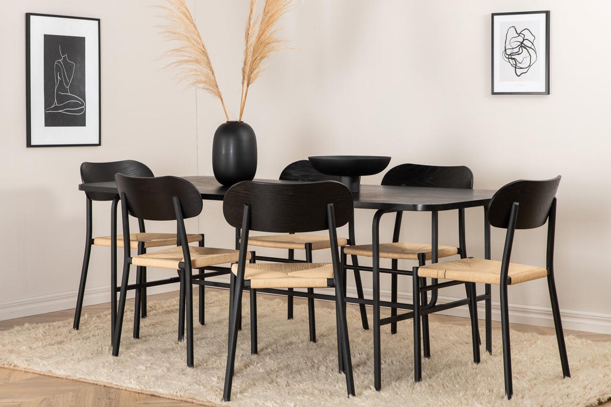 Esszimmer Set Uno mit Stuhl Polly: rechteckiger Tisch mit Walnuss-Furnierplatte und schwarzem Metallgestell, sechs Stühle mit schwarzem Seilsitz.