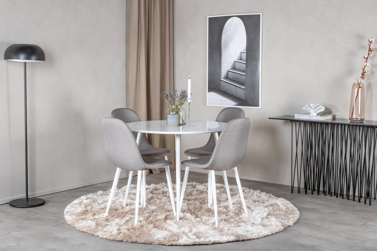 Esszimmerset Plaza mit Tisch aus MDF und Stahlgestell sowie vier Stühlen Polar in Weiss/Grau/Weiss, Ansicht des kompletten Sets.