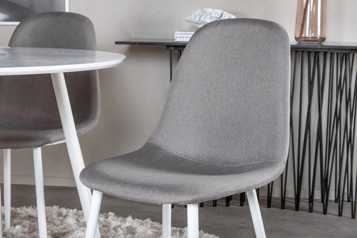Esszimmerset Plaza mit Tisch aus MDF und Stahlgestell sowie vier Stühlen Polar in Weiss/Grau/Weiss, Ansicht des kompletten Sets.
