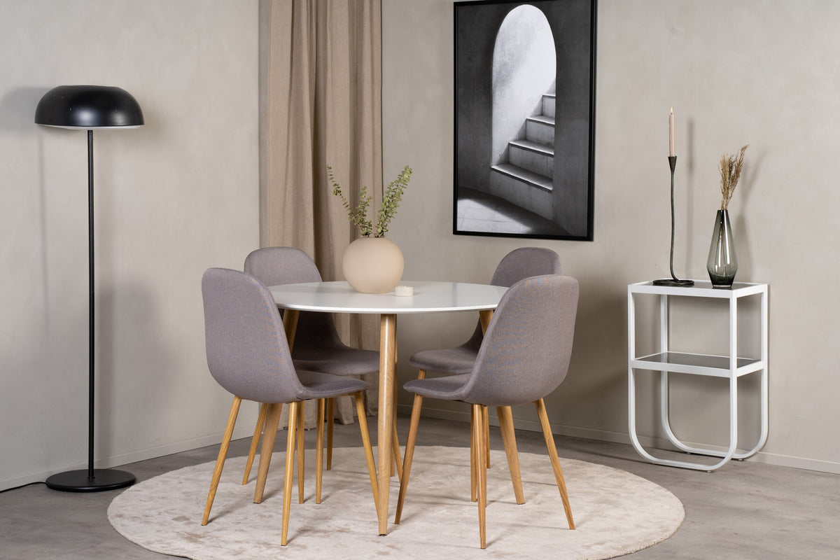 Esszimmerset Plaza mit Tisch aus MDF und Stahlgestell sowie vier Stühlen Polar in Weiss/Grau/Weiss, Ansicht des kompletten Sets.