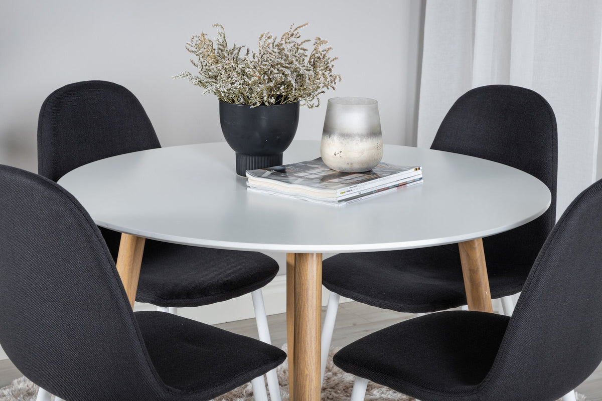 Esszimmerset Plaza mit Tisch aus MDF und Stahlgestell sowie vier Stühlen Polar in Weiss/Grau/Weiss, Ansicht des kompletten Sets.