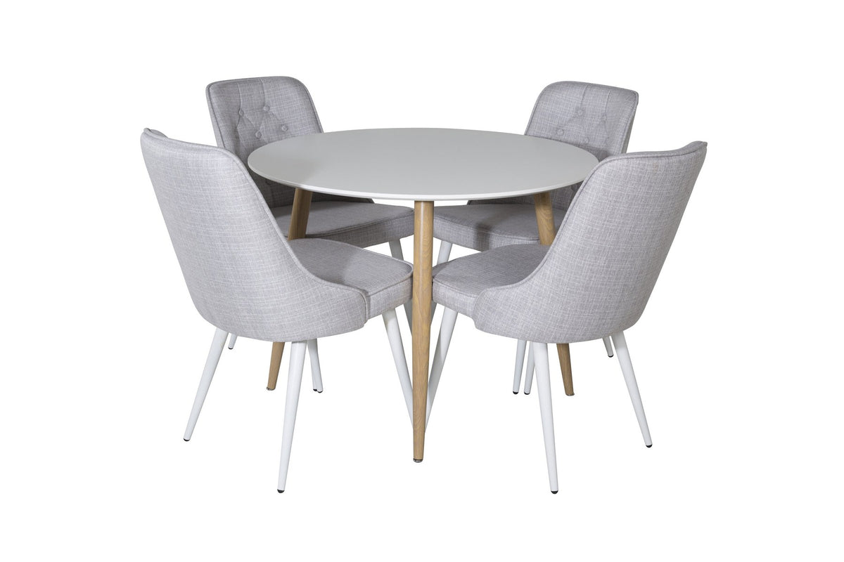 Esszimmer Set Plaza von Venture Home: Esstisch mit MDF-Platte und Stahlgestell in Grau schwarz, dazu vier gepolsterte Velvet Deluxe Stühle.