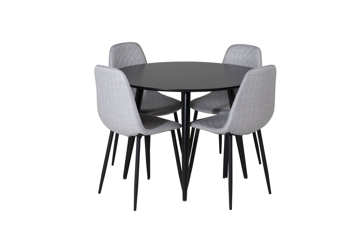 Esszimmerset Plaza mit Tisch aus MDF und Stahlgestell sowie vier Stühlen Polar in Weiss/Grau/Weiss, Ansicht des kompletten Sets.