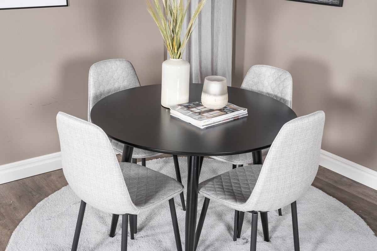 Esszimmerset Plaza mit Tisch aus MDF und Stahlgestell sowie vier Stühlen Polar in Weiss/Grau/Weiss, Ansicht des kompletten Sets.