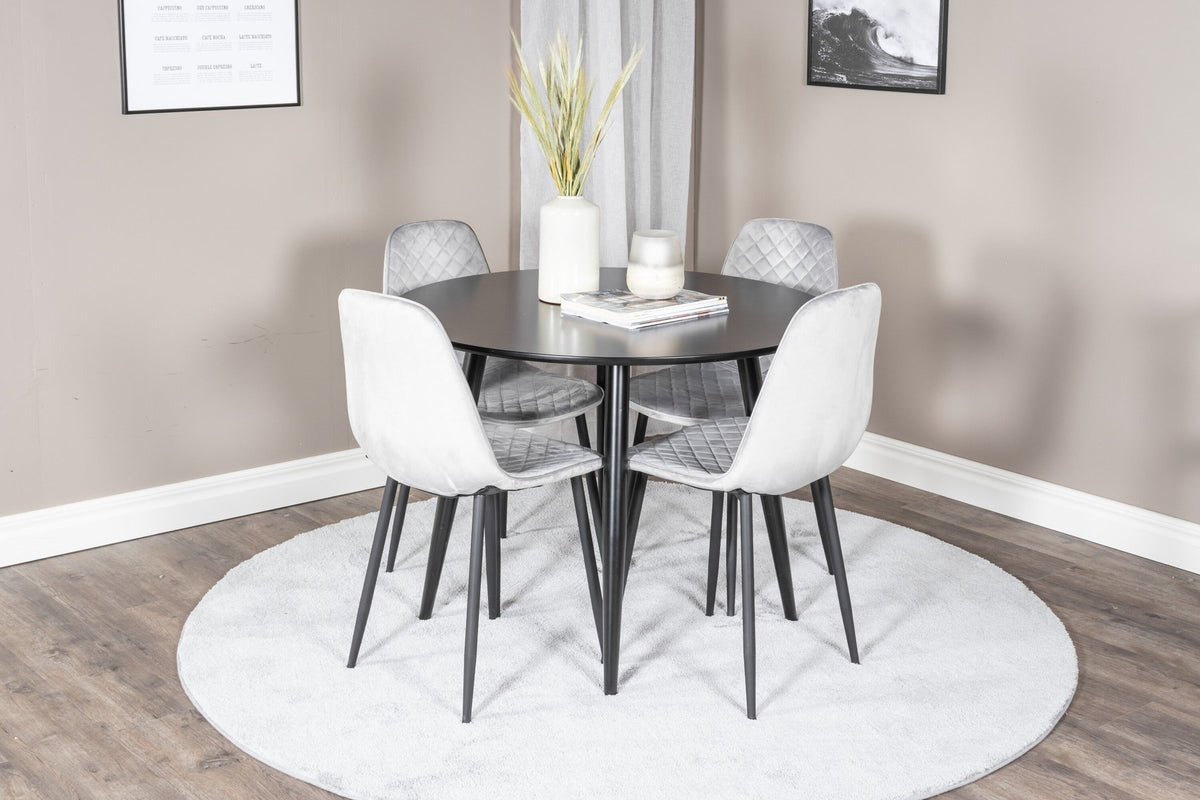 Esszimmerset Plaza mit Tisch aus MDF und Stahlgestell sowie vier Stühlen Polar in Weiss/Grau/Weiss, Ansicht des kompletten Sets.