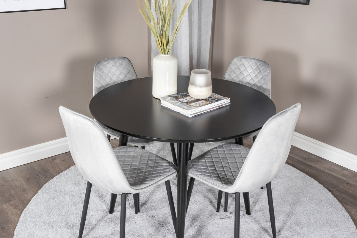 Esszimmerset Plaza mit Tisch aus MDF und Stahlgestell sowie vier Stühlen Polar in Weiss/Grau/Weiss, Ansicht des kompletten Sets.