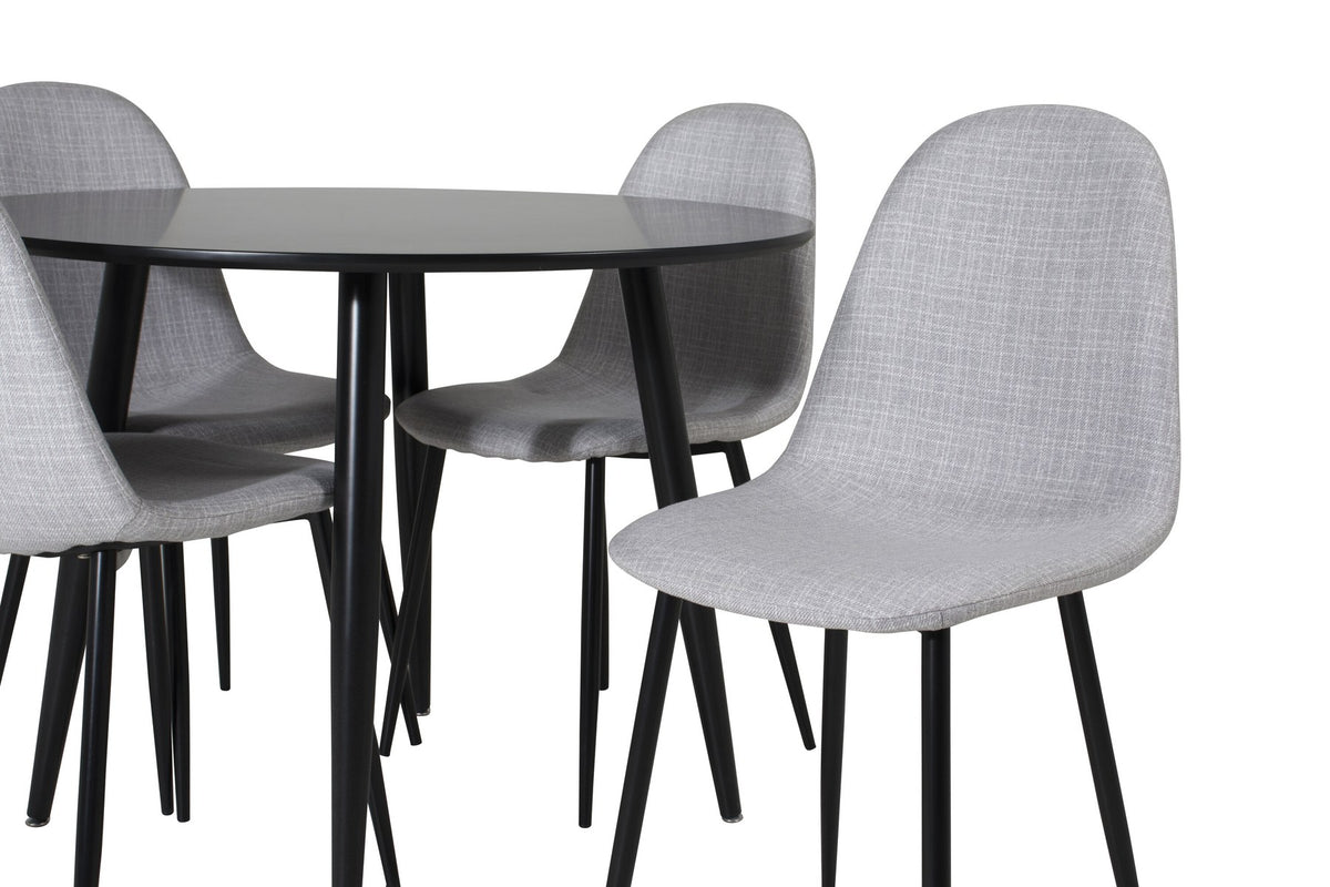 Esszimmerset Plaza mit Tisch aus MDF und Stahlgestell sowie vier Stühlen Polar in Weiss/Grau/Weiss, Ansicht des kompletten Sets.
