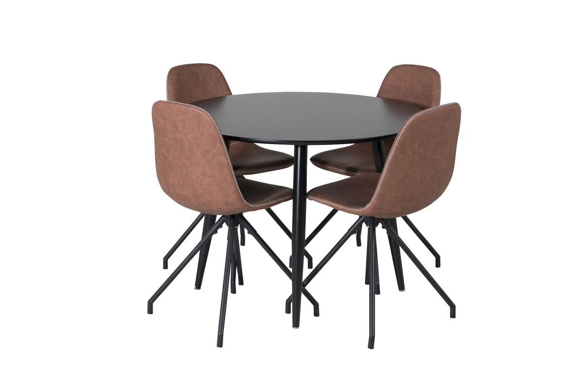 Esszimmerset Plaza mit Tisch aus MDF und Stahlgestell sowie vier Stühlen Polar in Weiss/Grau/Weiss, Ansicht des kompletten Sets.