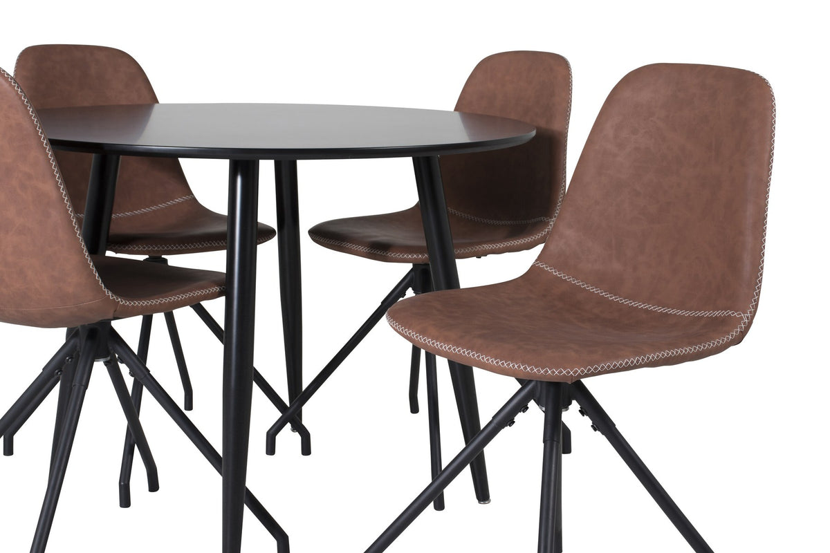 Esszimmerset Plaza mit Tisch aus MDF und Stahlgestell sowie vier Stühlen Polar in Weiss/Grau/Weiss, Ansicht des kompletten Sets.