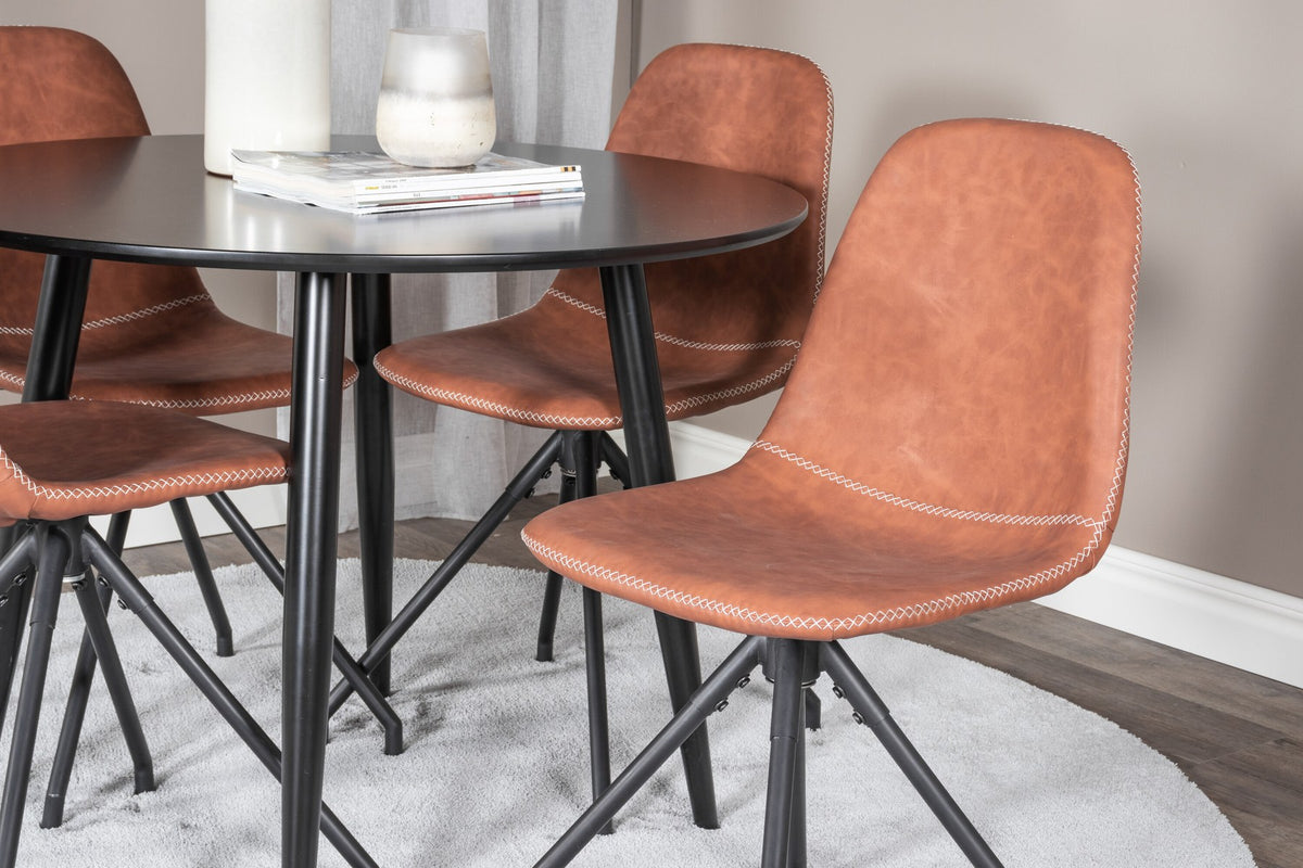 Esszimmerset Plaza mit Tisch aus MDF und Stahlgestell sowie vier Stühlen Polar in Weiss/Grau/Weiss, Ansicht des kompletten Sets.