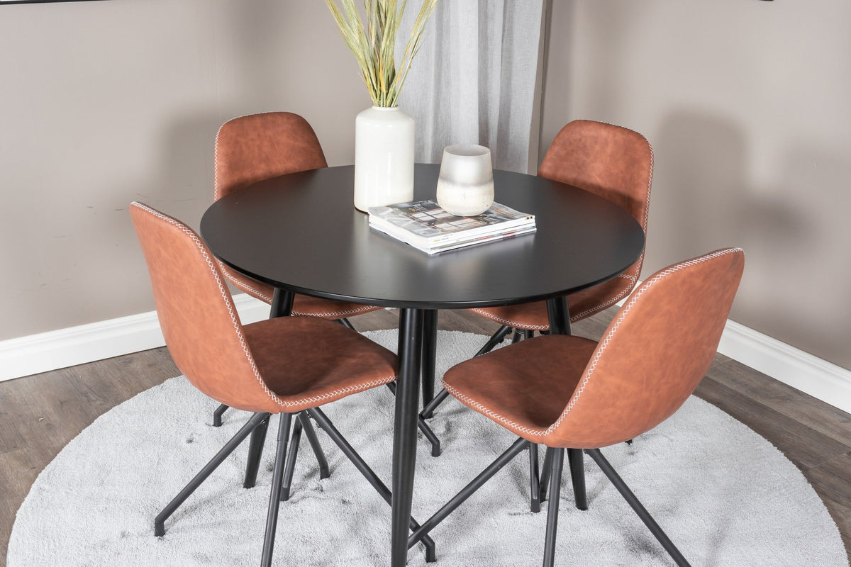 Esszimmerset Plaza mit Tisch aus MDF und Stahlgestell sowie vier Stühlen Polar in Weiss/Grau/Weiss, Ansicht des kompletten Sets.