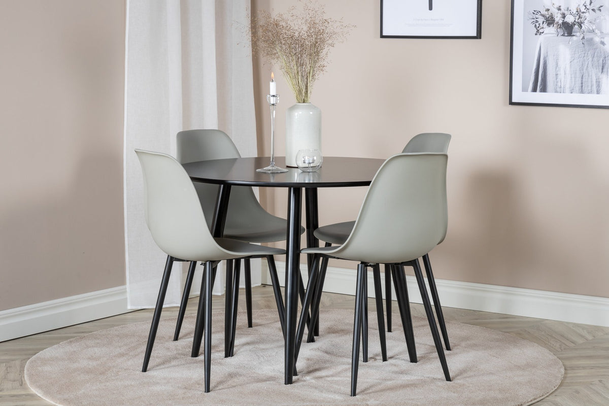 Esszimmerset Plaza mit Tisch aus MDF und Stahlgestell sowie vier Stühlen Polar in Weiss/Grau/Weiss, Ansicht des kompletten Sets.