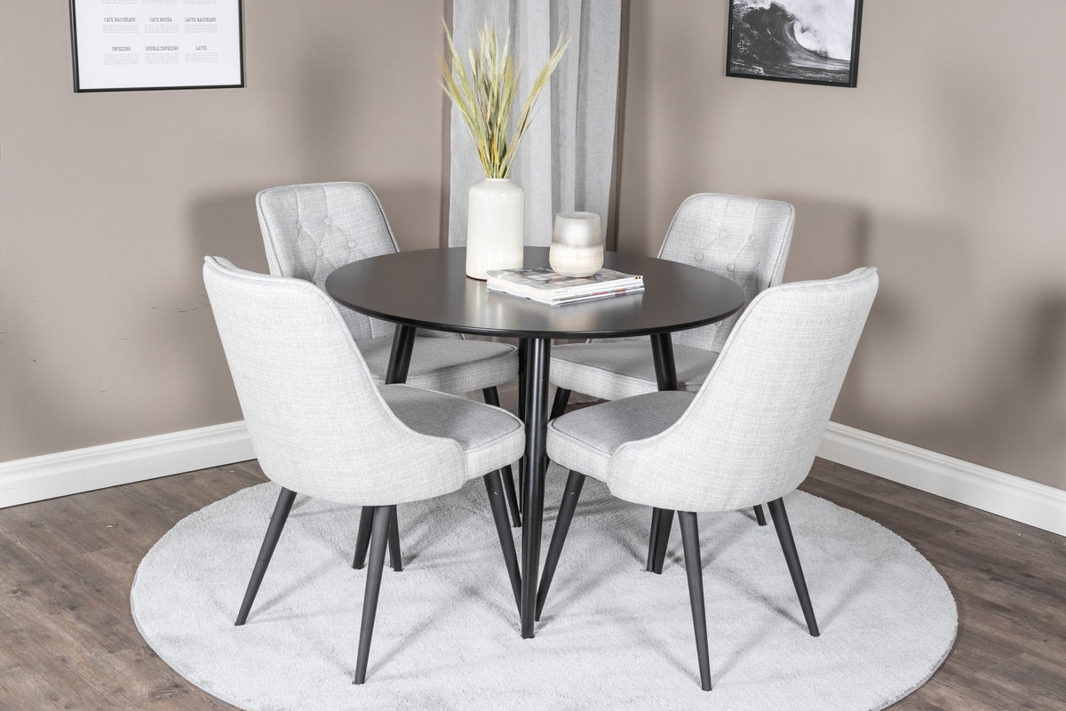 Esszimmer Set Plaza von Venture Home: Esstisch mit MDF-Platte und Stahlgestell in Grau schwarz, dazu vier gepolsterte Velvet Deluxe Stühle.
