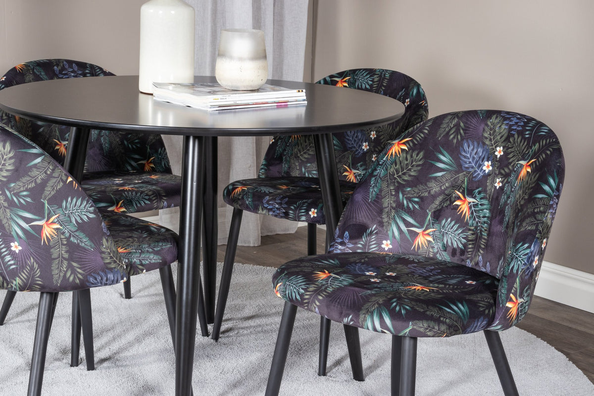 Esszimmer Set Plaza mit Stuhl Velvet von Venture Home: Esstisch aus MDF mit Stahlgestell in Schwarz, dazu vier gepolsterte Stühle.