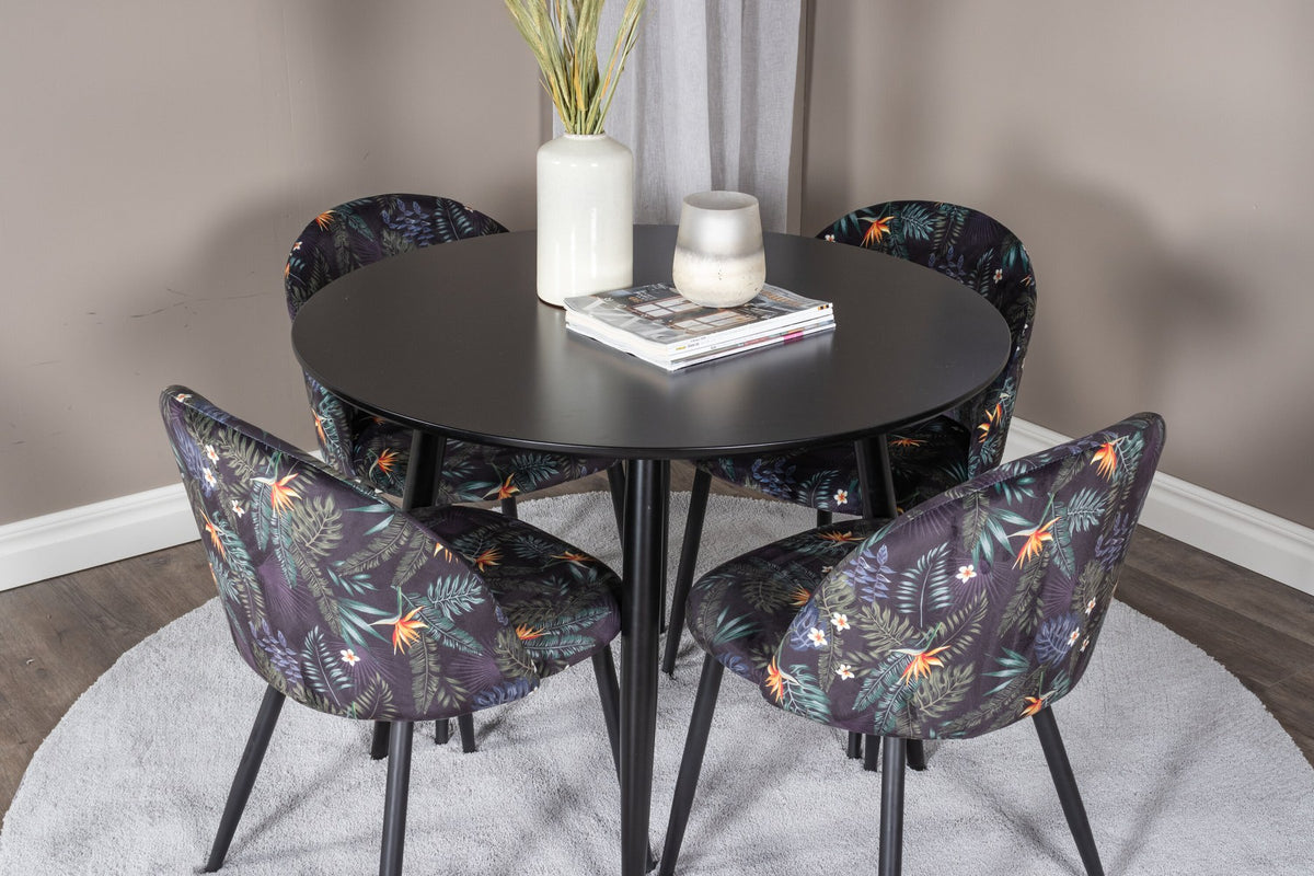 Esszimmer Set Plaza mit Stuhl Velvet von Venture Home: Esstisch aus MDF mit Stahlgestell in Schwarz, dazu vier gepolsterte Stühle.