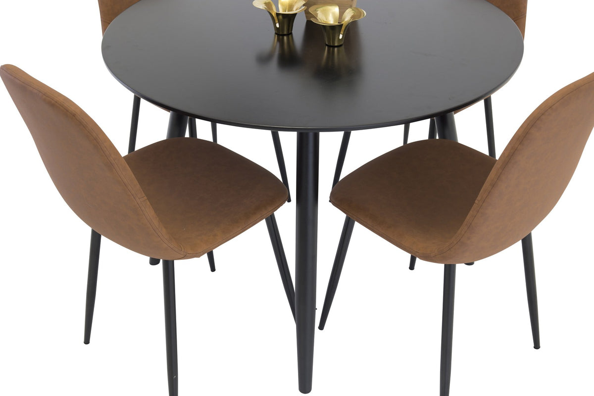 Esszimmerset Plaza mit Tisch aus MDF und Stahlgestell sowie vier Stühlen Polar in Weiss/Grau/Weiss, Ansicht des kompletten Sets.