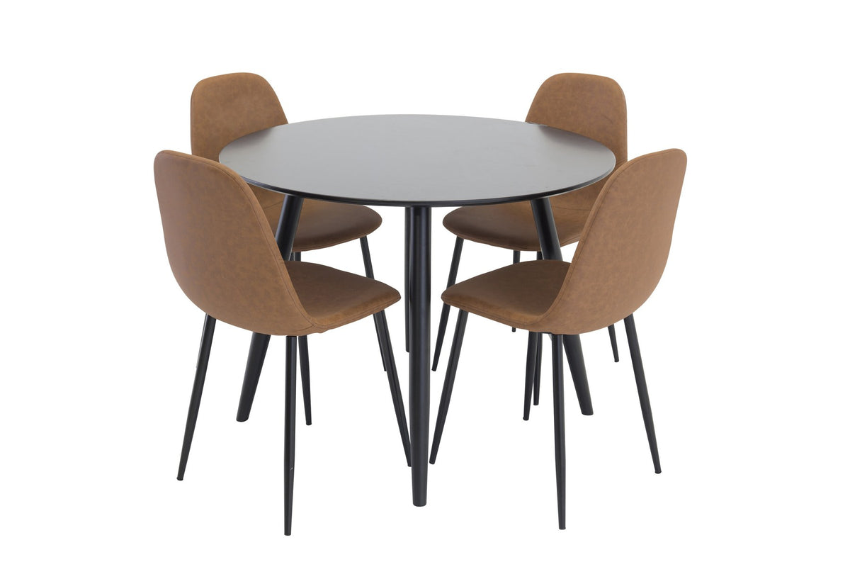 Esszimmerset Plaza mit Tisch aus MDF und Stahlgestell sowie vier Stühlen Polar in Weiss/Grau/Weiss, Ansicht des kompletten Sets.