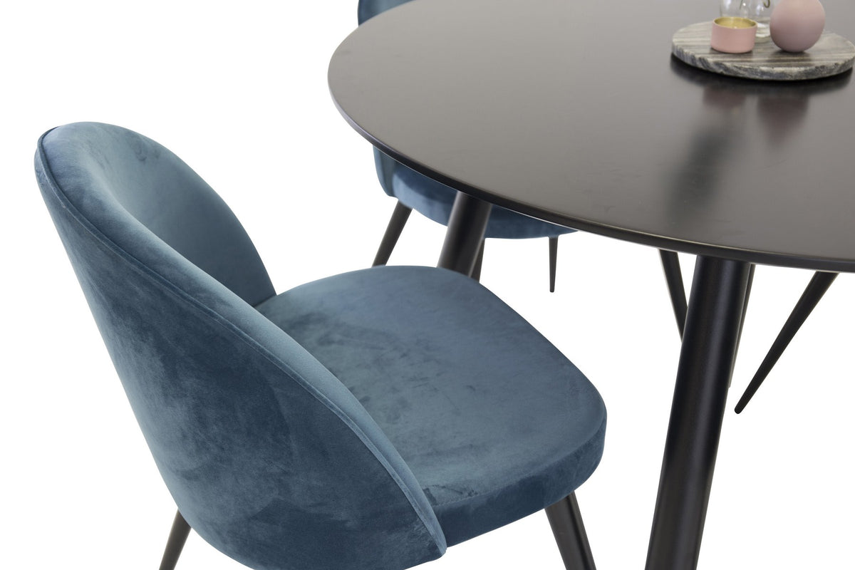 Esszimmer Set Plaza mit Stuhl Velvet von Venture Home: Esstisch aus MDF mit Stahlgestell in Schwarz, dazu vier gepolsterte Stühle.