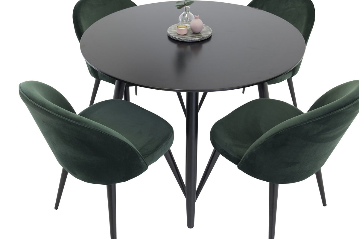 Esszimmer Set Plaza mit Stuhl Velvet von Venture Home: Esstisch aus MDF mit Stahlgestell in Schwarz, dazu vier gepolsterte Stühle.