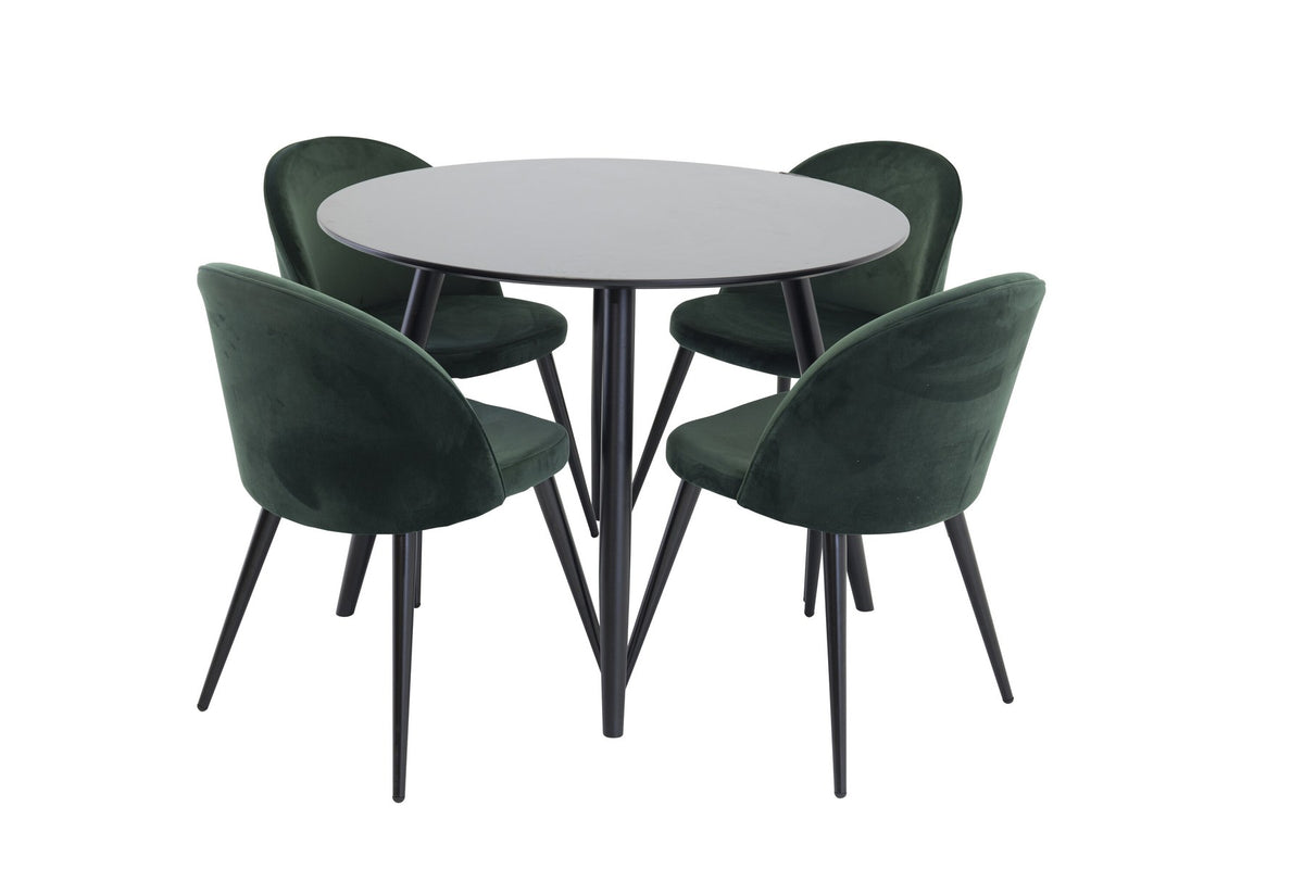 Esszimmer Set Plaza mit Stuhl Velvet von Venture Home: Esstisch aus MDF mit Stahlgestell in Schwarz, dazu vier gepolsterte Stühle.