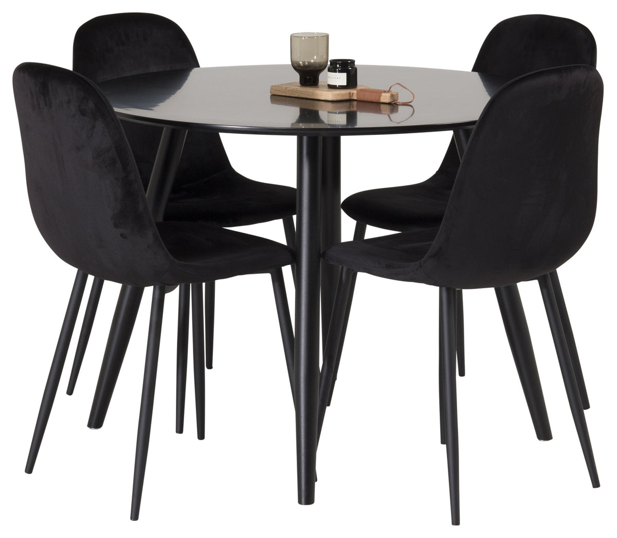 Esszimmerset Plaza mit Tisch aus MDF und Stahlgestell sowie vier Stühlen Polar in Weiss/Grau/Weiss, Ansicht des kompletten Sets.