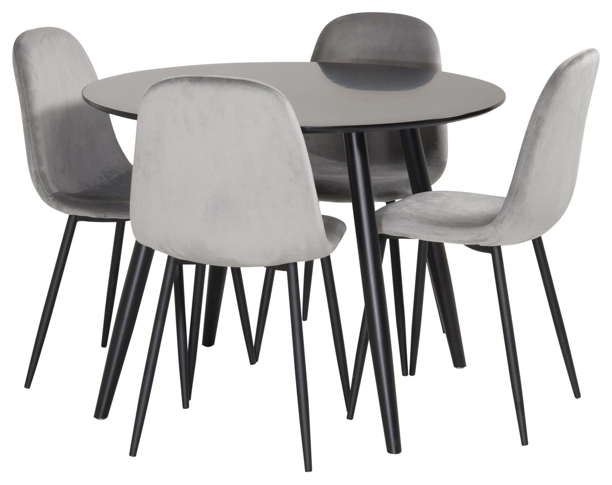 Esszimmerset Plaza mit Tisch aus MDF und Stahlgestell sowie vier Stühlen Polar in Weiss/Grau/Weiss, Ansicht des kompletten Sets.
