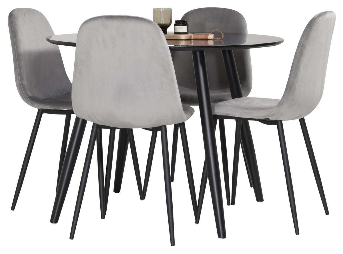 Esszimmerset Plaza mit Tisch aus MDF und Stahlgestell sowie vier Stühlen Polar in Weiss/Grau/Weiss, Ansicht des kompletten Sets.