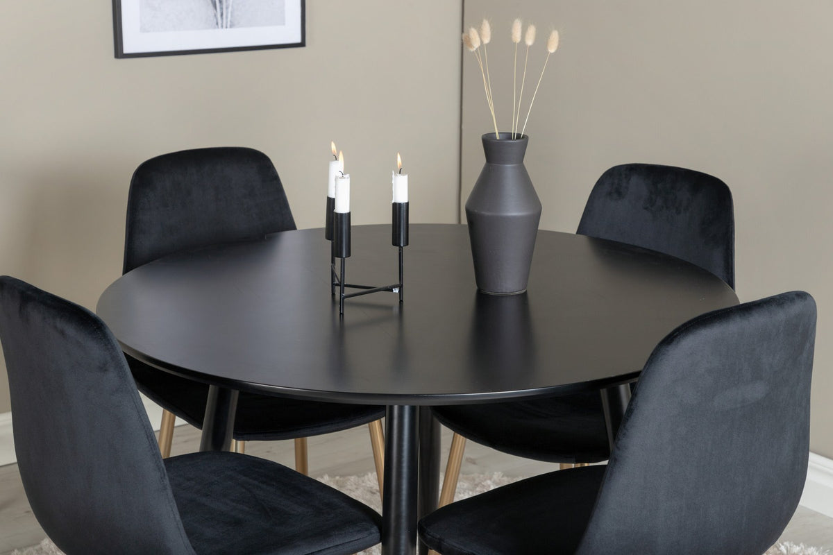 Esszimmerset Plaza mit Tisch aus MDF und Stahlgestell sowie vier Stühlen Polar in Weiss/Grau/Weiss, Ansicht des kompletten Sets.